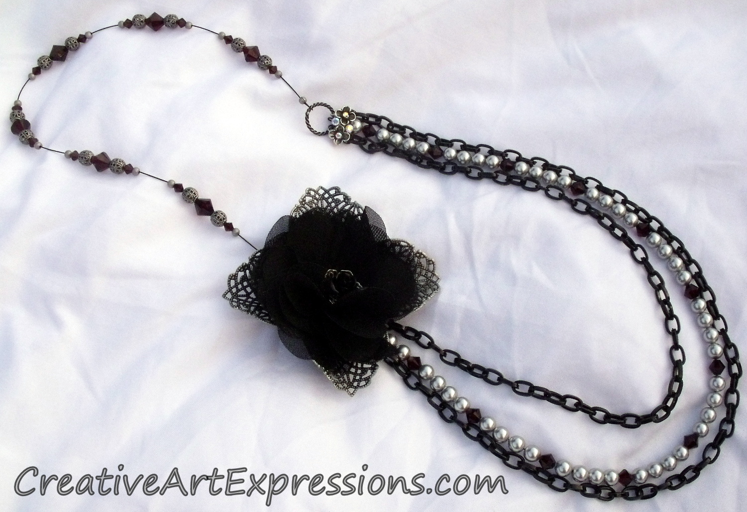 Creative Art Expressions Handmade Black Silver & Garnet 3 Strand Flower Necklace Jewelry Design